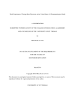 Work Experience of Foreign Born Physicians in the United States: A Phenomenological Study